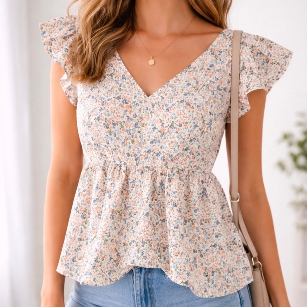 Floral Ruffle Sleeve Babydoll Top Bow Back – Size S - NWOT